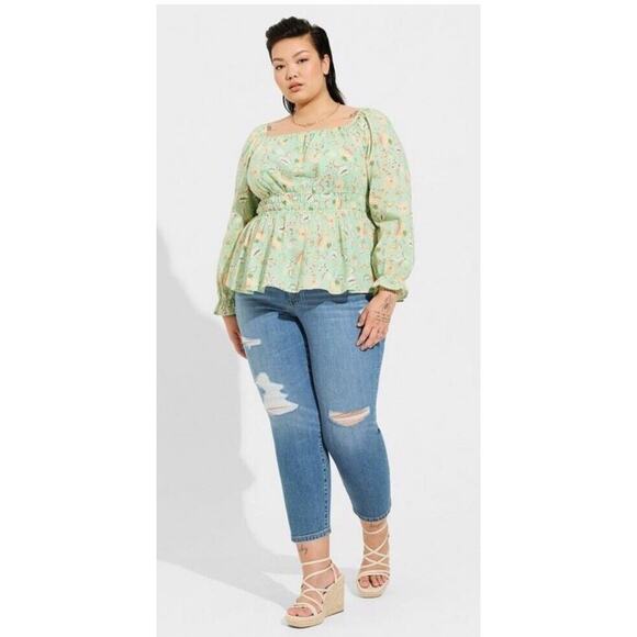 Torrid Blouse Plus Sz 4X Mint Green Cotton Clip Dot Blouson Sleeve Smocked Top - Picture 1 of 8